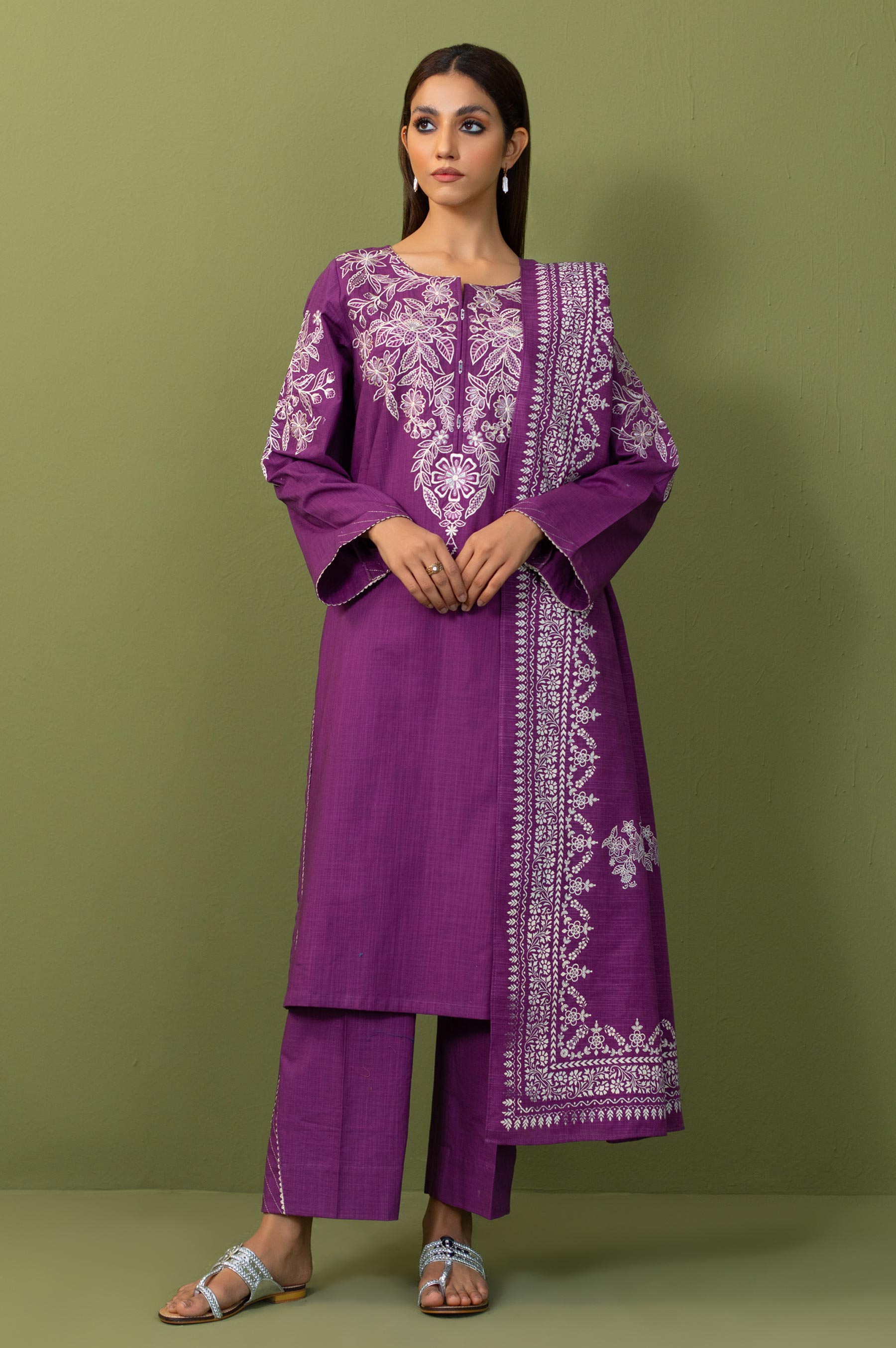 Stitched 3 Piece Embroidered Both Side Slub Suit